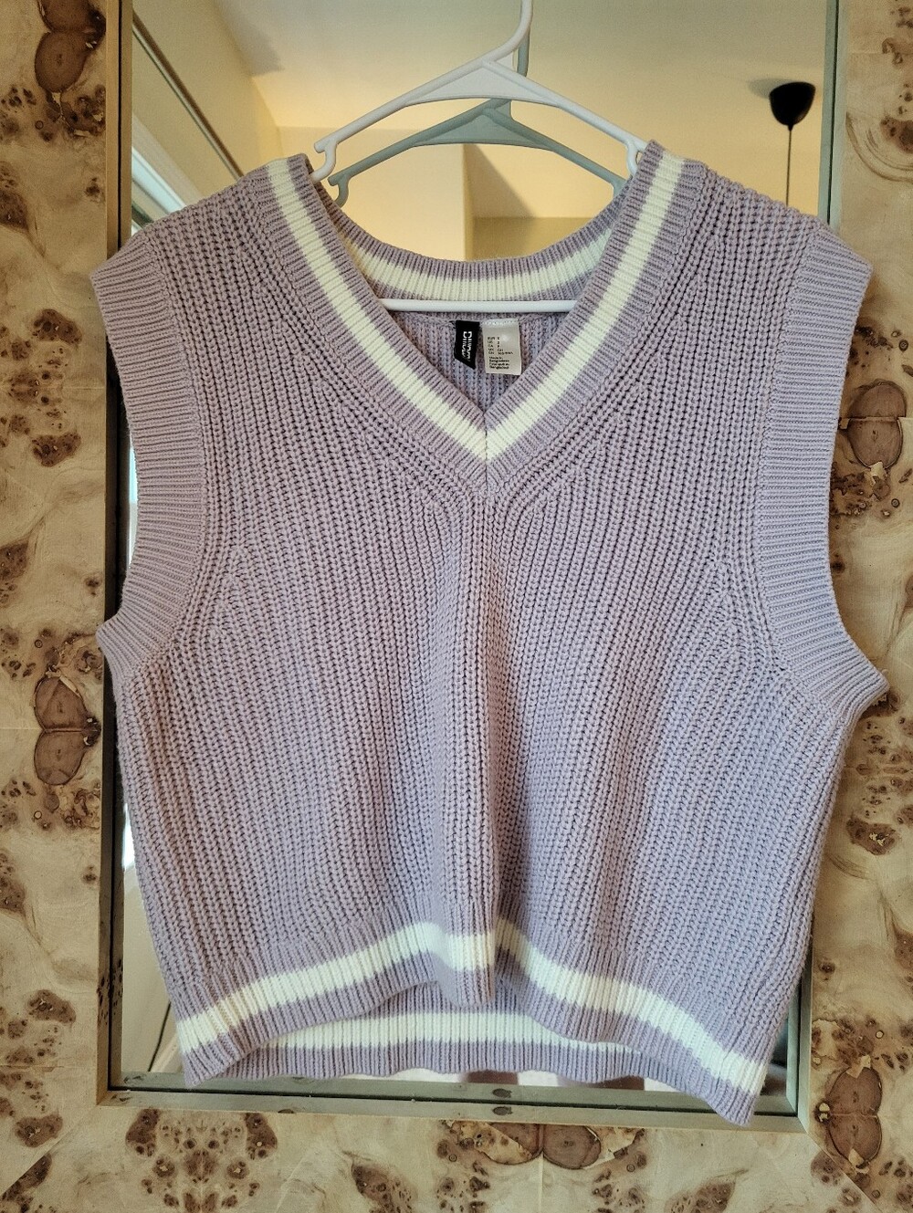 Sleeveless Knit V-Neck Sweater Vest in Lavender with White Trim